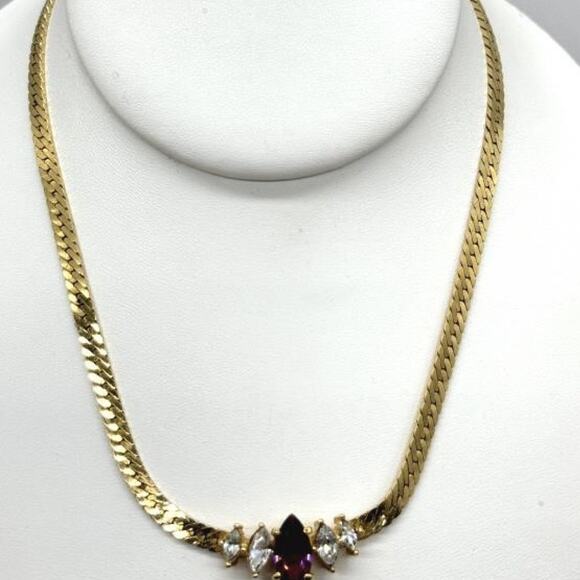 Vintage Christian Dior Purple Rhinestone and Gold Tone Chain Necklace - Picture 1 of 4